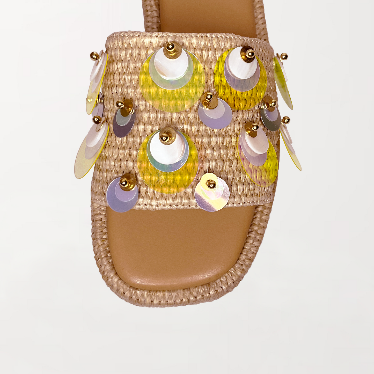 PLATFORM PAILLETTE EMBELLISHED RAFFIA SANDALS