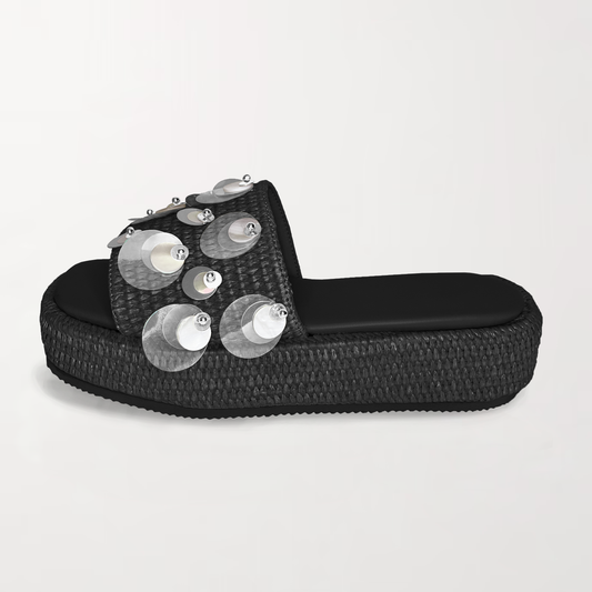 PLATFORM PAILLETTE EMBELLISHED RAFFIA SANDALS