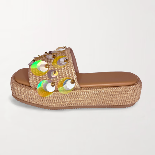 PLATFORM PAILLETTE EMBELLISHED RAFFIA SANDALS